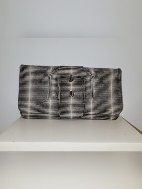 Tod's Black and White Striped Pony Style Calfskin Buckle Clutch